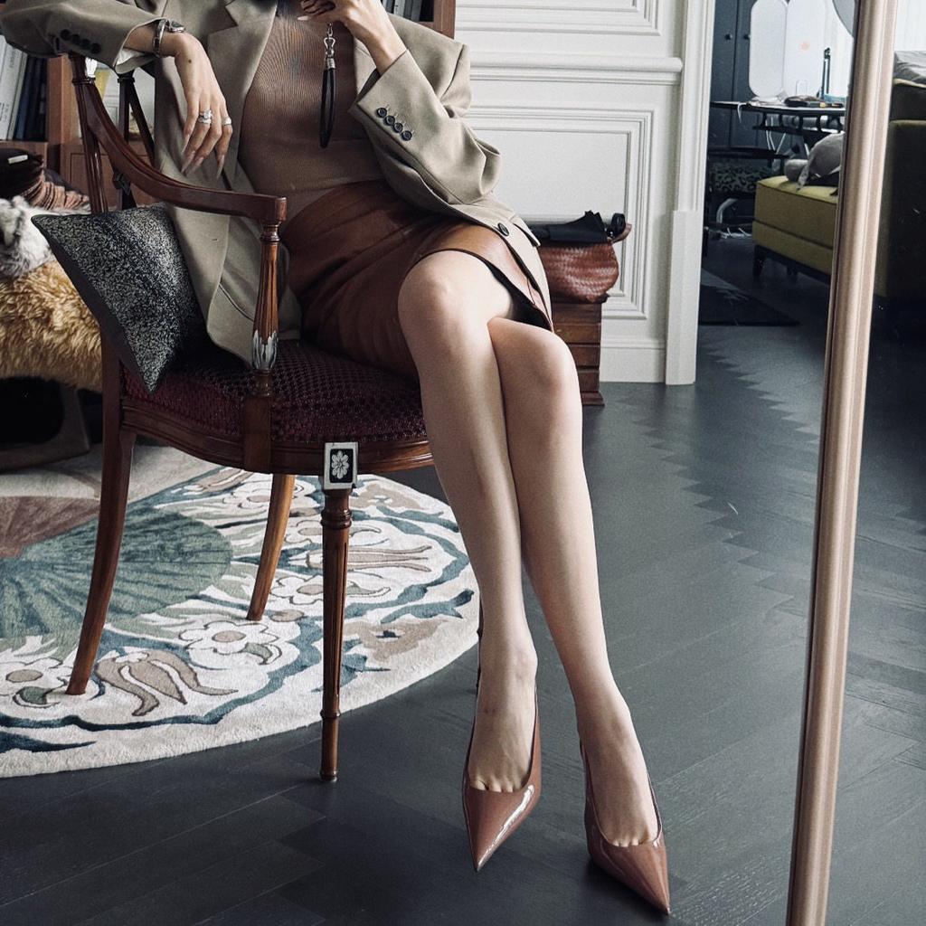 Summer Brown Pointed High Heels Stiletto Temperament Patent Leather Sexy Bag Head Sandals Women'S Shoes Single Shoes
