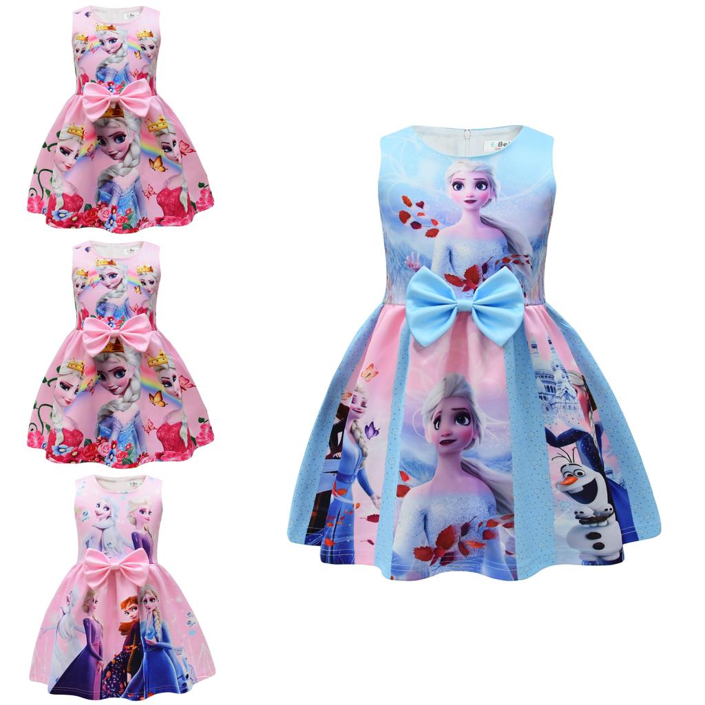 Frozen Elsa Cartoon Girl Dress With Cotton Blend Fabric For Summer Play