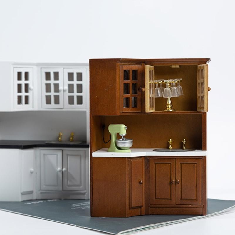 1/12 Dollhouses Kitchen Cabinet Miniature Furniture with Sink Craft Project Model Kitchen Room Scene Decorative Accessory