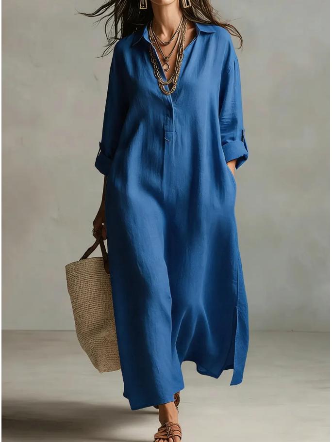 

Повседневное однотонное платье-рубашка с лацканами и длинными рукавами, весна/лето 2026 XL синий