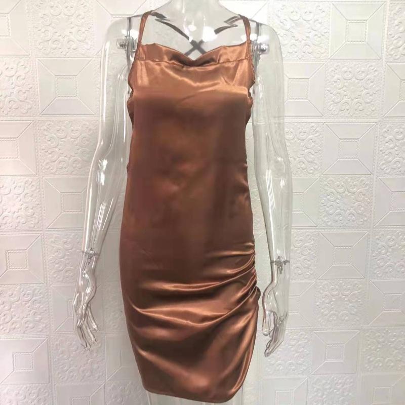 Summer New Fashion Slim Fit Sexy Straps Dress Women Backless Bandage Solid Satin Party Club Dresses Women Elegant Pleated Casual Lady Dress 26453