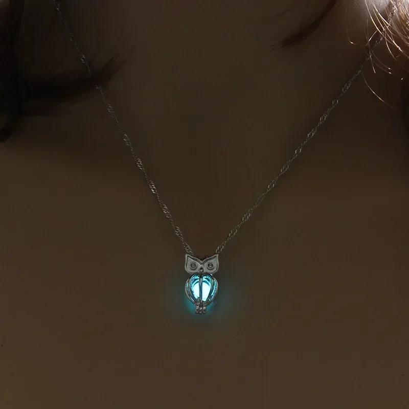 Style Glowing Owl Pendant Necklace Cute Luminou Jewelry Choker 3Color Atmosphere Birthday Gift For Women StainlessSteel Necklace