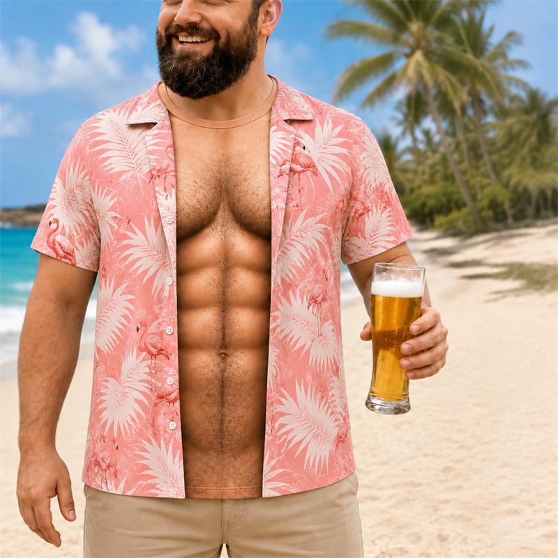 Funny 3D Print Muscle Belly Graphic T Shirt Men Hawaii Floral Leaf Pattern Casual Summer Short Sleeve Tops Beach Trip Pool Party