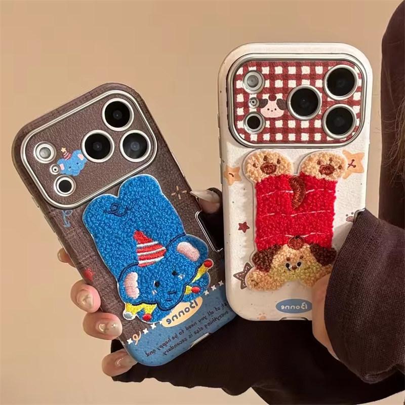 Cartoon Embroidery Plush Animals Leather Texture Phone Case For iPhone 17 13 14 15 16 12 11 Pro Max Plus Shockproof Soft Cover