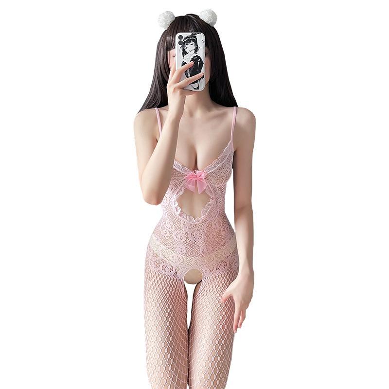 Small Wildcat Fishnet Socks Open Crotch Pink One-piece Uniform Open-file Stockings Sexy Lace Net Socks Female Pure Desire