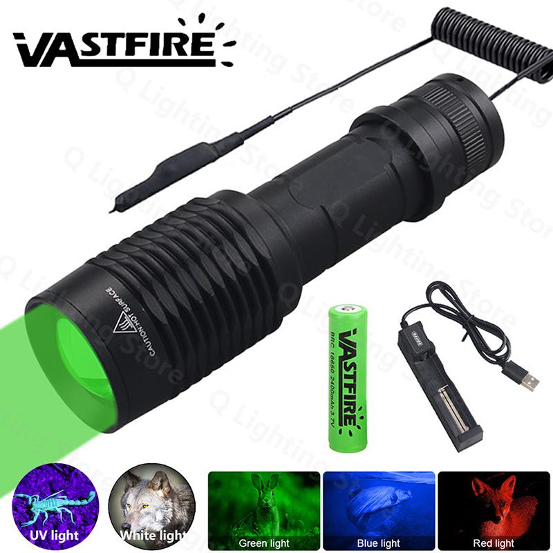 LED Tactical Hunting Torch Flashlight White/Red/Green Flashlight Waterproof Outdoor Lighting with Switch USB Rechargeable Lamp