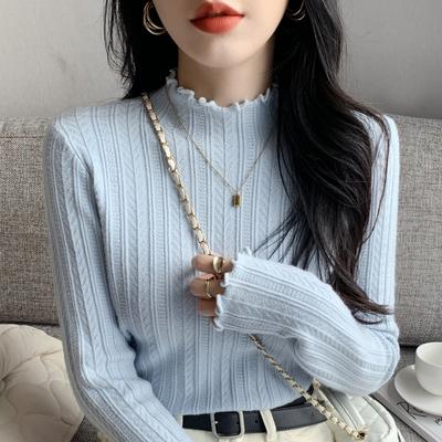 Fresh and Fashionable Semi-turtleneck Fungus Edge Long-sleeved Knitted Sweater Women's Spring Age-reducing Thin Bottoming Top