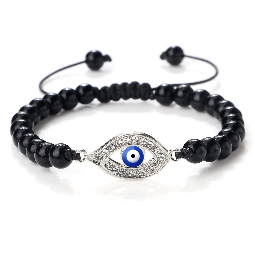 Devil s Eye Round Bead Bracelet with Plated Alloy Woven Cord 8mm Silver with White Diamond