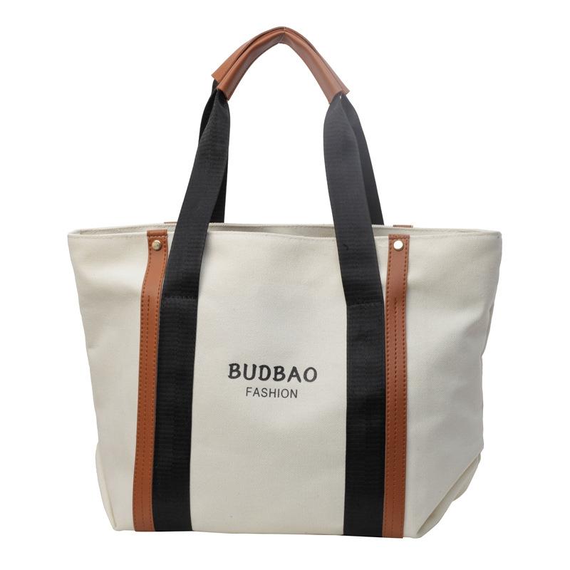 

Large Capacity Striped Contrast Canvas Bag Fashion Trendy Women s Shoulder Bag Casual Student Commuter Handbag One size бежевий