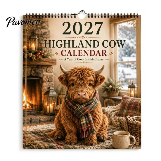 Thick Paper Monthly Planner 2027 Highland Cow Seasons Calendar, 12-Month Desk with Cute Art, Decorative Wall Hanging Daily Organizer for Home Office,