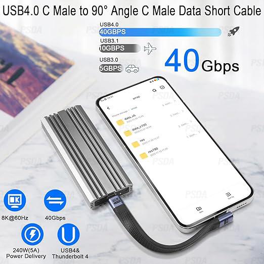 4.0 C Male To 90° Angle C Male Data Short Cable 240W USB Type C 4.0 PD Fast Charging Flat Flex Cable for Smartphone Power Bank