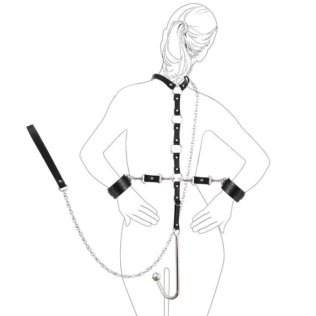 Kinky Collar Handcuffs & Back-Pull Anal Hook Training Restraint Tool