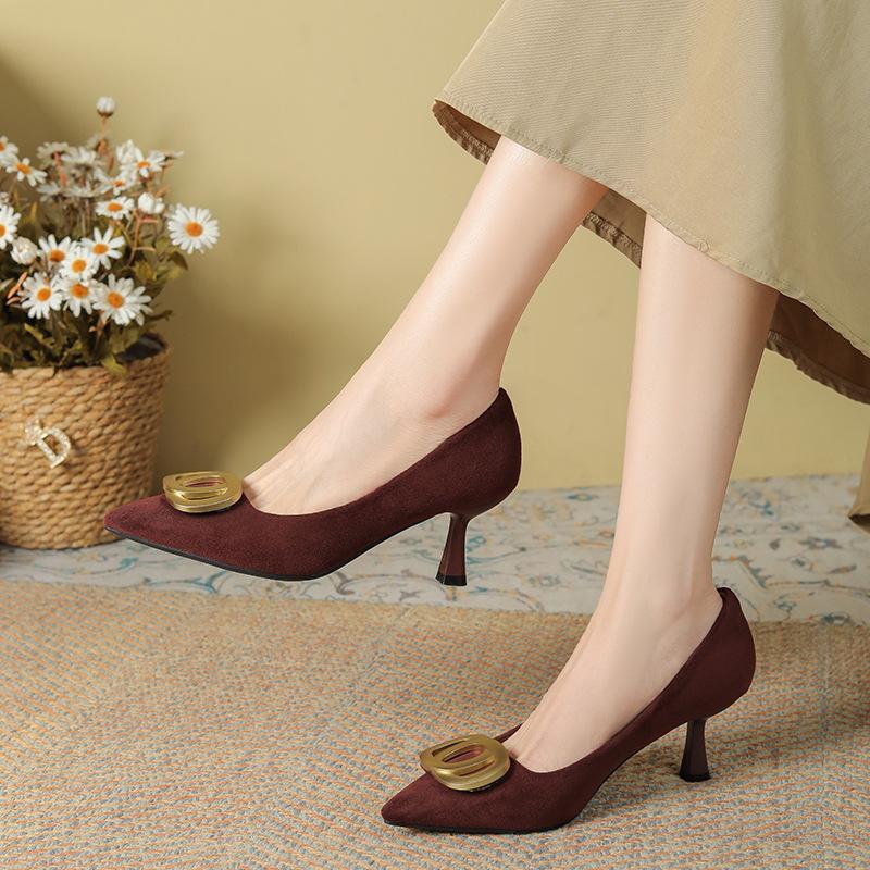 Pointed head shallow mouth high heels suede temperament elegant 2025 early spring new metal buckle professional work single shoes women