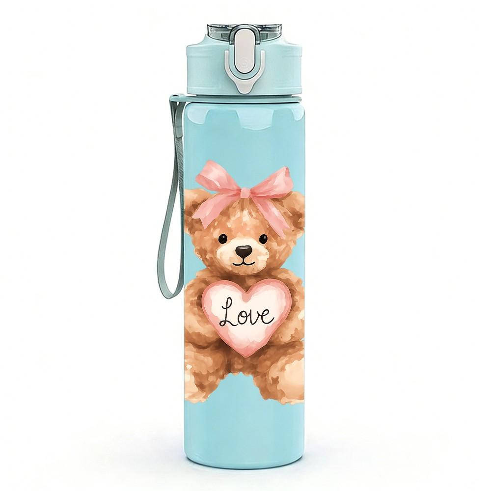 1PC Pink Love Teddy Bear Cartoon 750ml Color Plastic Sports Water Bottle Leakproof Flip Straw Lid Suitable for Sports Office Home Use