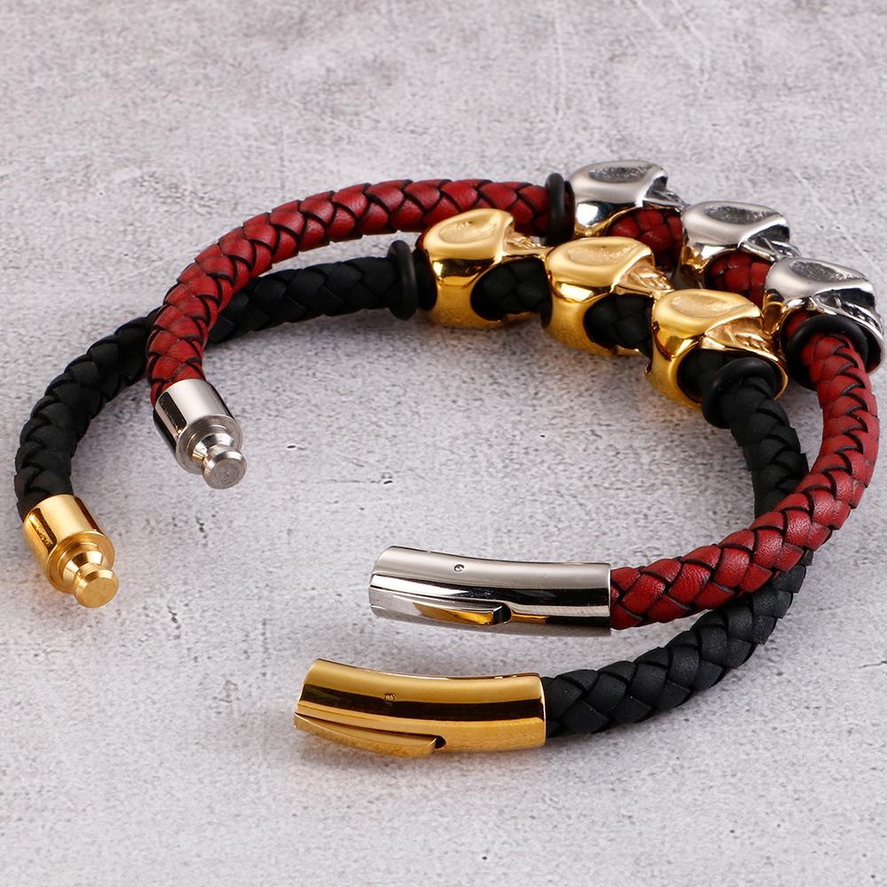 Bracelet tressé en cuir rouge noir pour hommes, en cuir de vache, Punk Rock gothique, en acier inoxydable 316L, bijoux tête de crâne