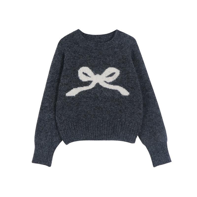 Winter new women's clothing high-end bow sweater women's loose and lazy round neck long-sleeved knitted sweater top coat