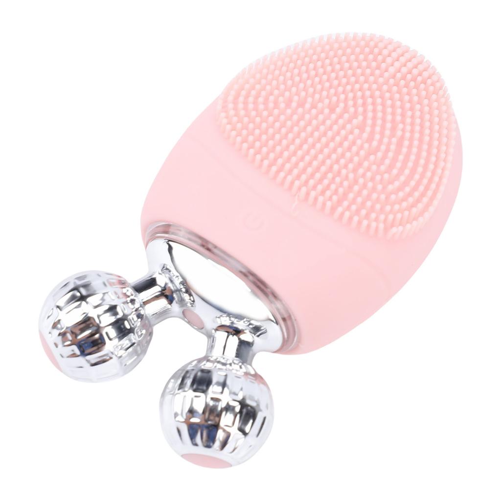 Facial Cleansing Brush IP67 Water Proof Rechargeable Silicone Face Scrubber Exfoliator with Rollers Pink