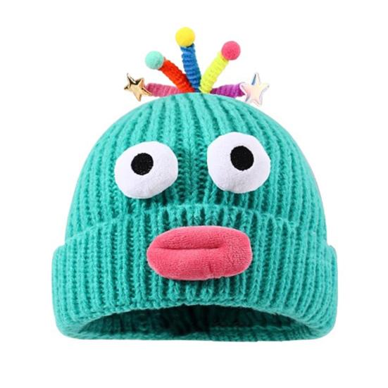 Women Knitted Hat Sausage Mouth Design Ear Protection Warm Hat 3D Big Eyes Versatile Hat Winter Accessory