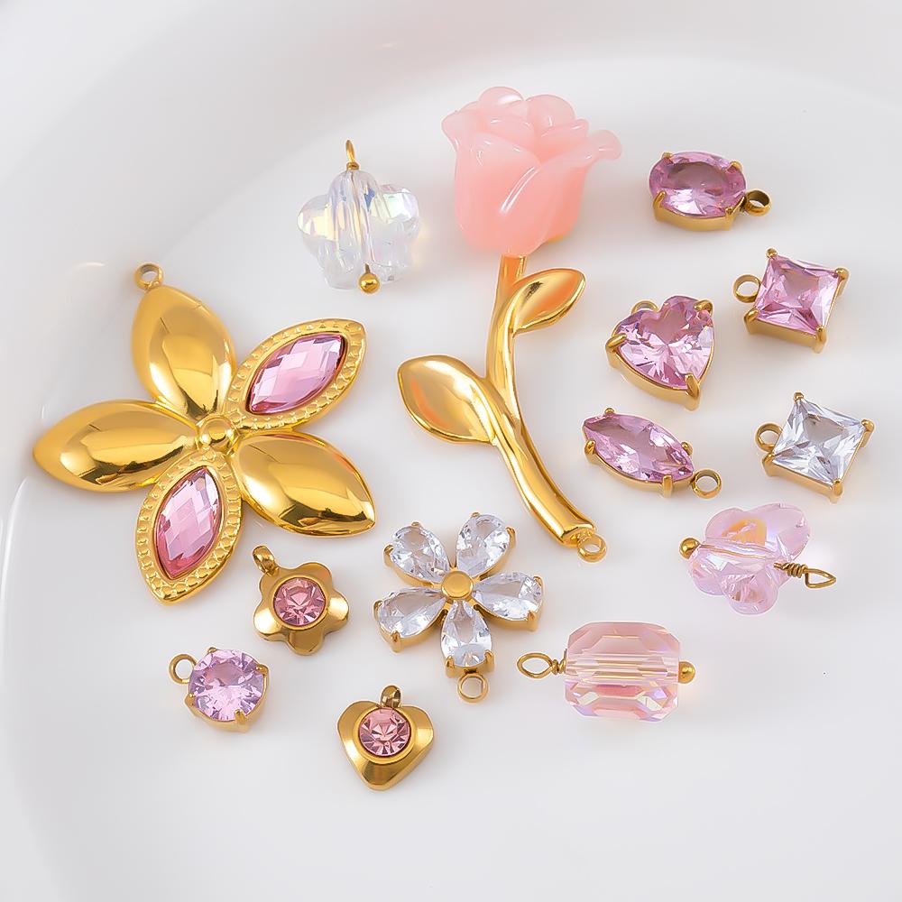 2pcs Gentle Pink Crystal Zircon Bead Stainless Steel Charms Rose Flower Heart Necklace Pendant Women DIY Earring Jewelry Making