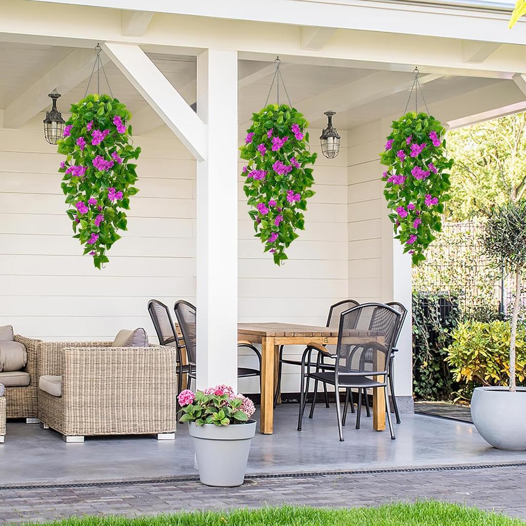 Artificial Hanging Flowers for Outdoors, Fake Hanging Plants Pothos Vines with Purple Flowers for Wall Home Living Room Indoor Outdoor Decor