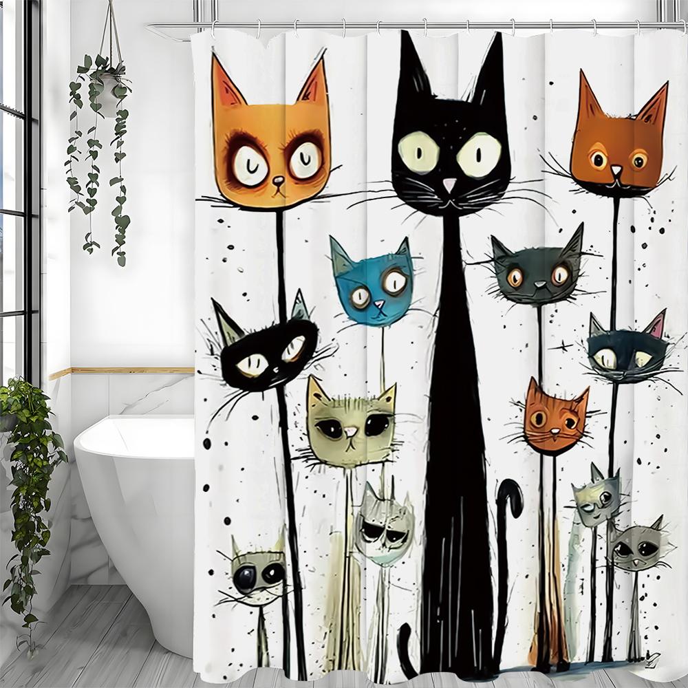 Cute Cartoon Cat Shower Curtain, Bathroom Decorative Shower Curtain, Waterproof Shower Curtain with Hooks