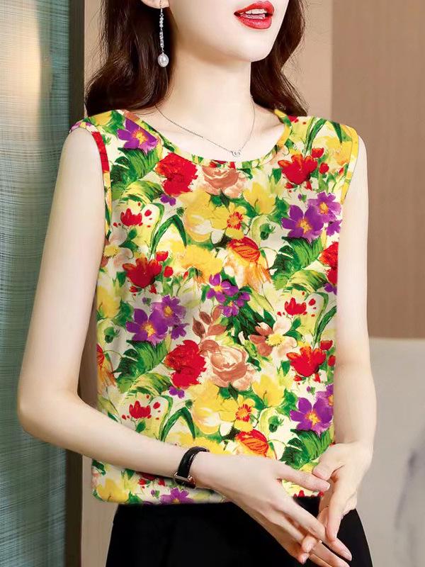 Plus Size Floral Ice Silk Vest - Women's Round Neck, Breathable, Loose, Belly-Covering Summer Top.