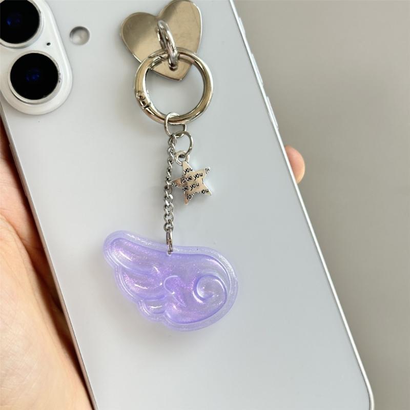 Sweet Bright Color Resin Keychain Angel Wing And Star Design Trendy Gift For Teen Girls Lightweight Decors