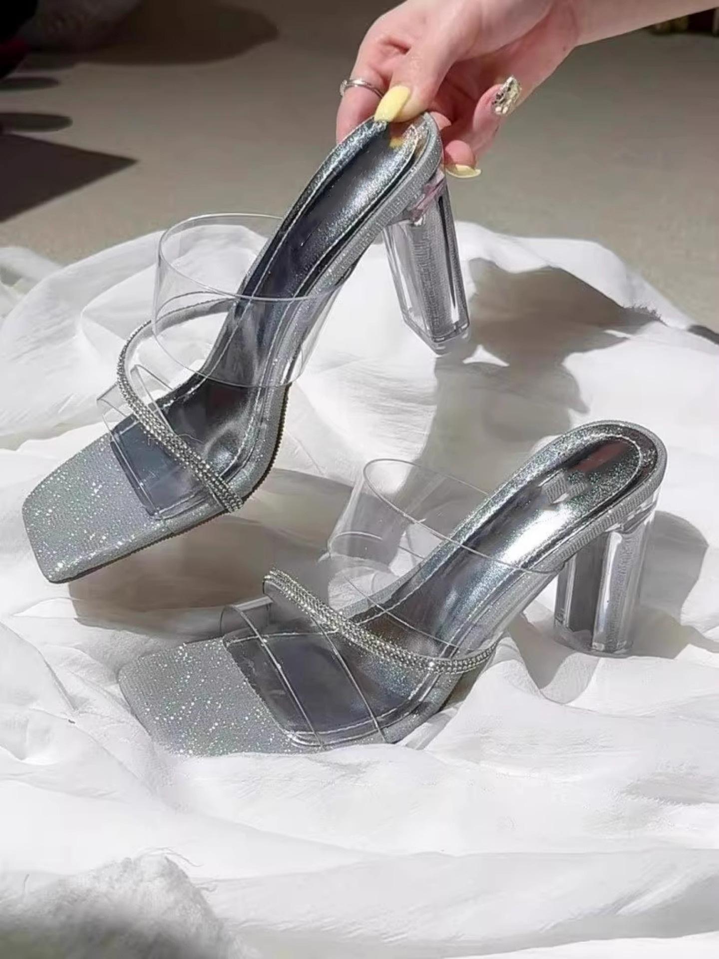

Silver word with transparent high-heeled sandals women s 2025 summer new sexy crystal thick-heeled cool slippers outer wear 33 41