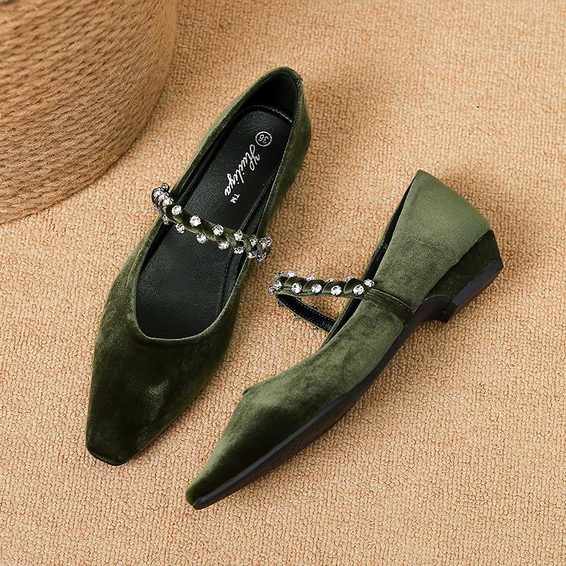 

DA286-3 Huiliya suede rhinestone one-word belt fashion single shoes women s 2025 autumn new versatile women s shoes 40 зелений
