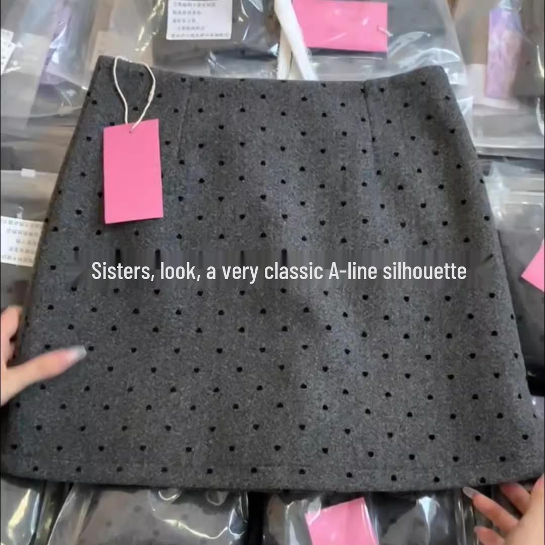 Slim Fit Polka Dot Woolen Skirt - Korean Style, Retro Elegant, Spring/Autumn 2025 XL