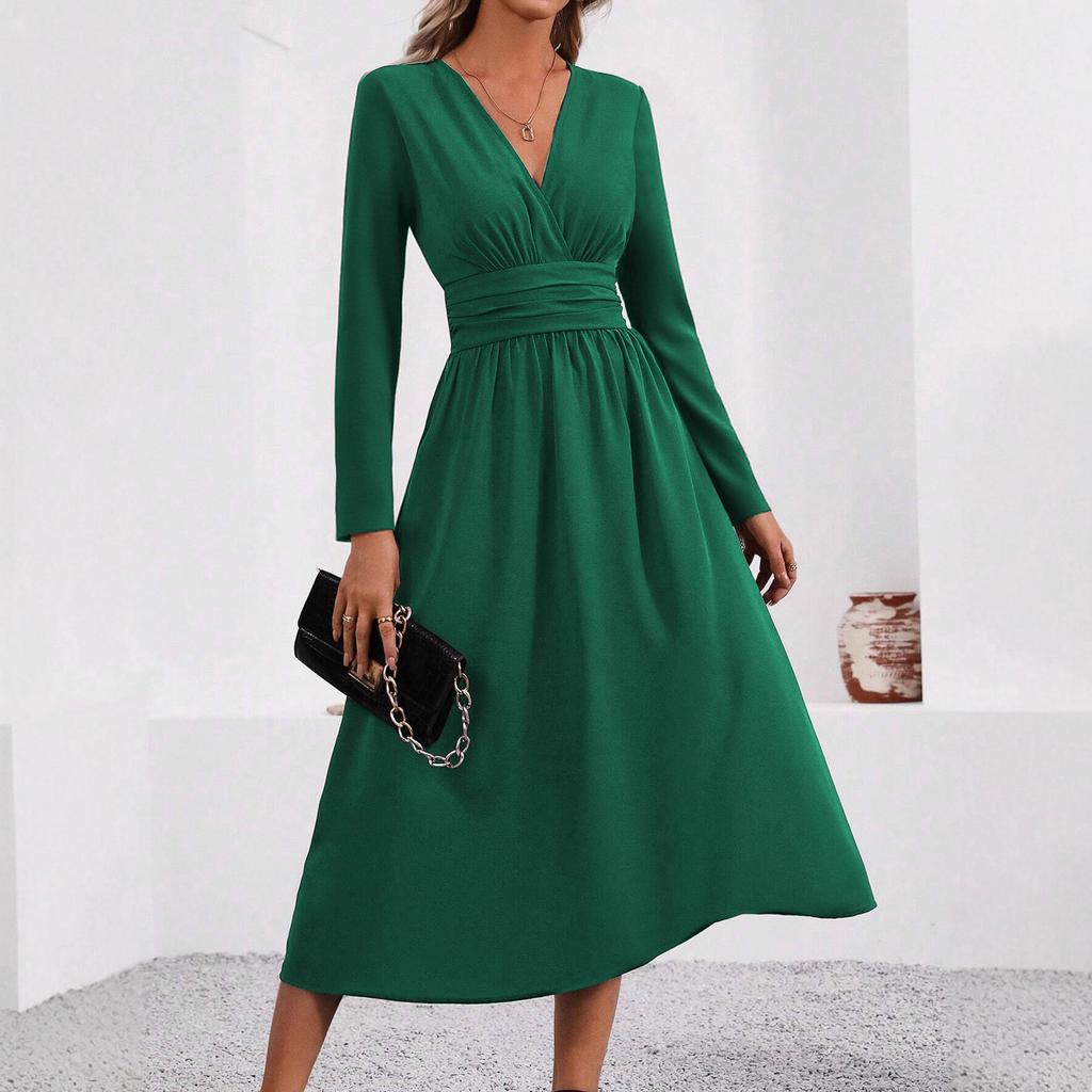 Women V Neck Long Sleeve Ruched Waist A Line Midi Dress Solid Color Casual Fit Flare Dress
