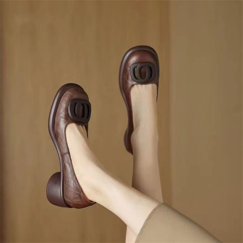 

2025 весна новые высококлассные туфли на толстом каблуке с круглой пряжкой из маленькой кожи женские туфли на высоком каблуке водонепроницаемые стол коричневые ретро ленивые одинарные туфли 40 темно-коричневого