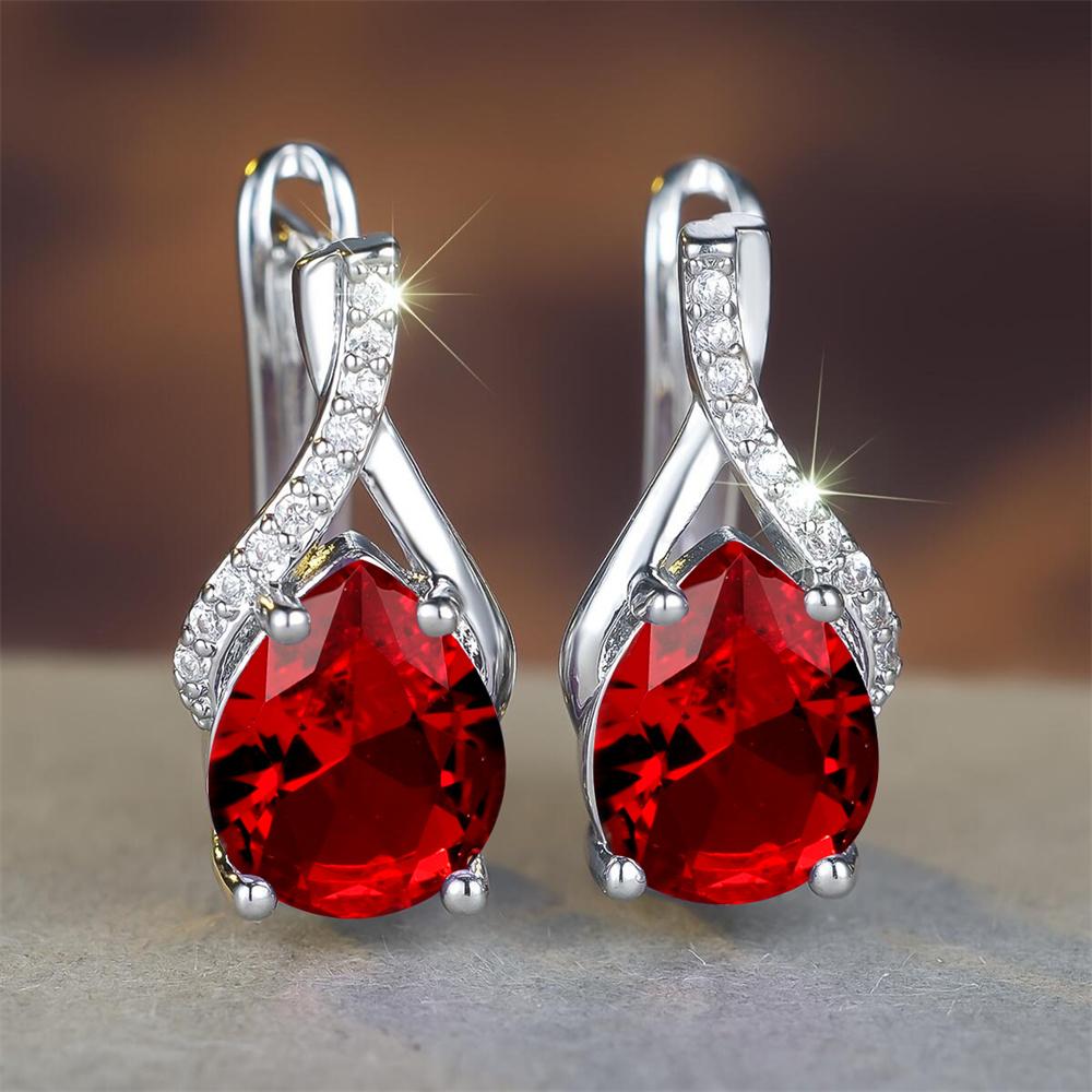 Purple Zircon Big Water Drop Stone Hoop Earrings For Women Vintage Silver Color Ear Buckle Wedding Jewelry Valentine's Day Gifts