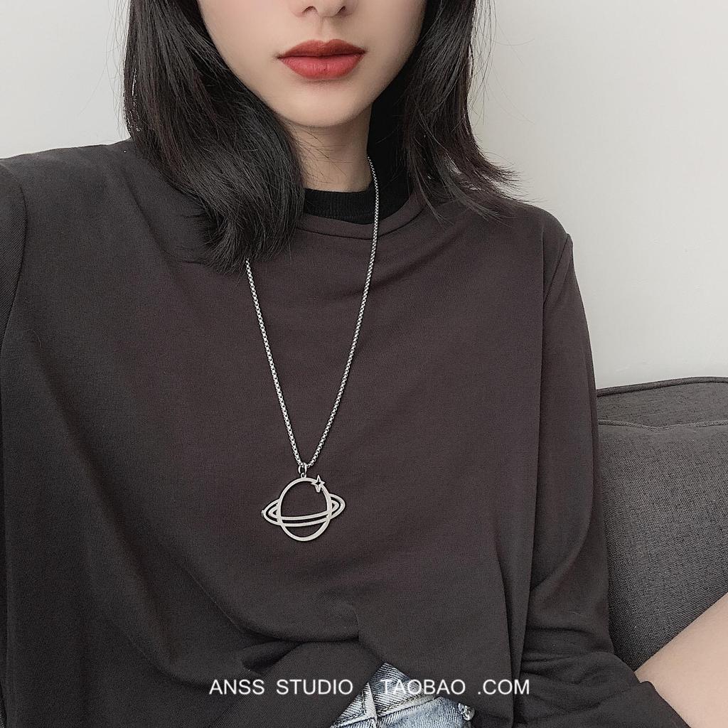 Trendy European & American Titanium Hip-Hop Planet Necklace: Non-Fading Starry Sky Choker, Versatile Sweater Chain Accessory