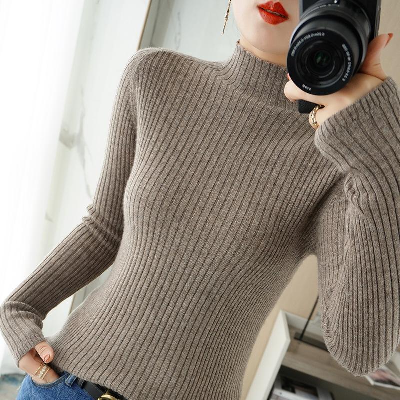 Autumn Winter Semi High Neck Sweater Women Slim Fit Pullover Solid Color Base Layer Long Sleeve Tight Knit Top