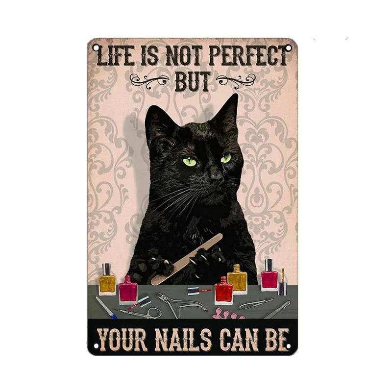 Schwarze Katze Frauen Metallschild Vintage 30 *20cm Blechschild Kaffee Yoga Schlafzimmer Club Dekoration Zuhause Vintage Kunstplatte Wandposter