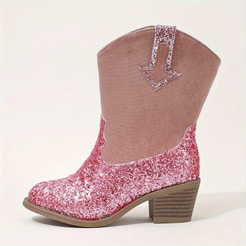 Fashion New Round Toe Block Heel Spliced Rhinestone Side Zipper Single Inside Fashion Boots Versatile Casual Non-Slip Mid-Tube Boots