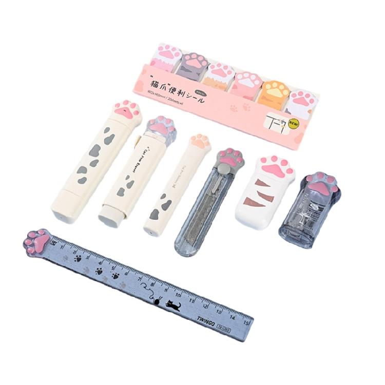 9 Pcs Cats Paws Stationery Set Eraser Correction Tape Pencil Case Class Reward Prizes Learning Gift Box for School