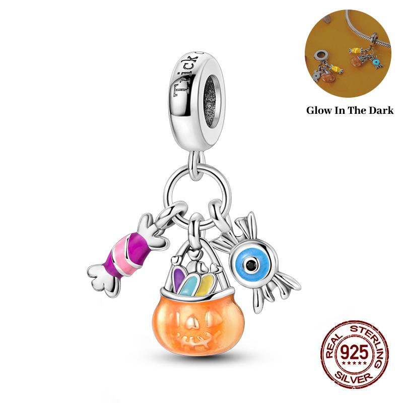 New Halloween 100% Copper Luminous Pumpkin Skull Ghost Charms Fit Pandach Original Bracelet Diy Party Jewelry
