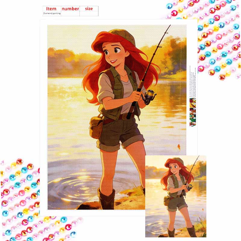 Disney Little Mermaid Ariel fishing princess diamond painting mosaic diamond art painting kit handmade diy home decoration Round 20x30cm