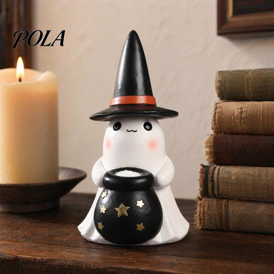 Halloween Witch Hat Decoration Ghost Night Light, Resin Figurine with Glowing Pumpkin Bucket, Warm Cozy Autumn Room Accents LED Amber Lamp, Farmhouse