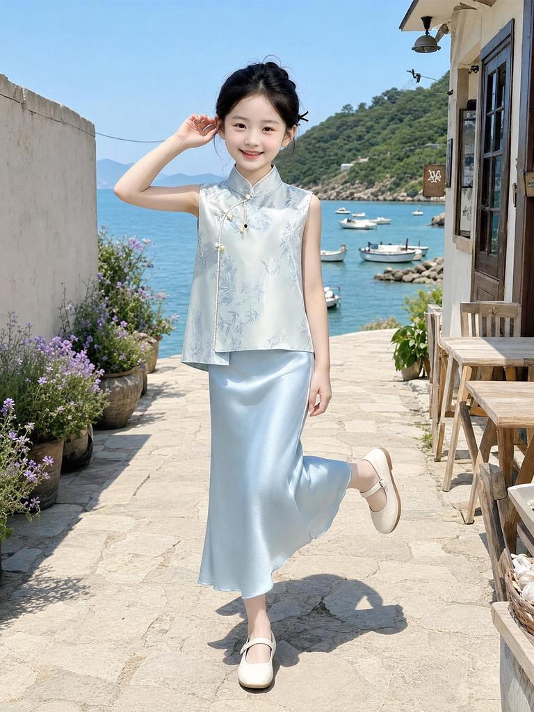 Chinese-Style Girls' Summer Two-Piece Outfit for Medium & Large Children - Retro, Stylish & Comfortable.
