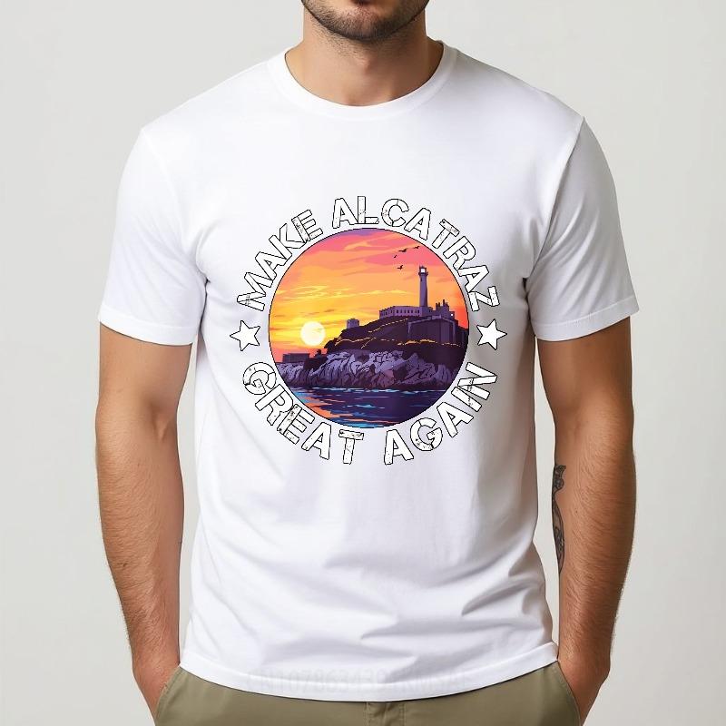 Casual Summer Women T Shirt Make Alcatraz Great Again Sunset Island Scene Short Sleeve Printed Crew Neck Tops Teeshirt For Man