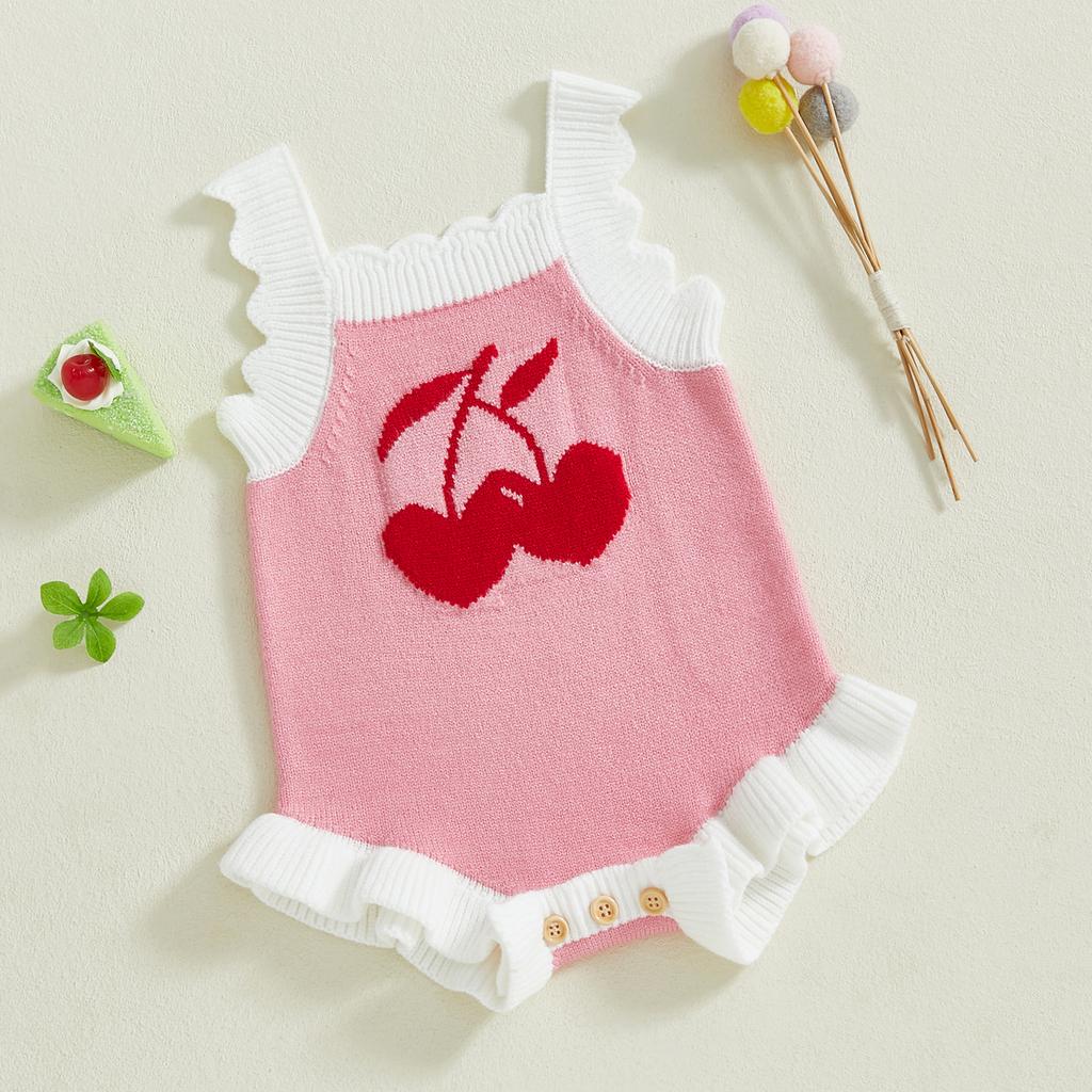 Dívčí jarní/letní pletený overal bez rukávů s volánky a třešňovým potiskem