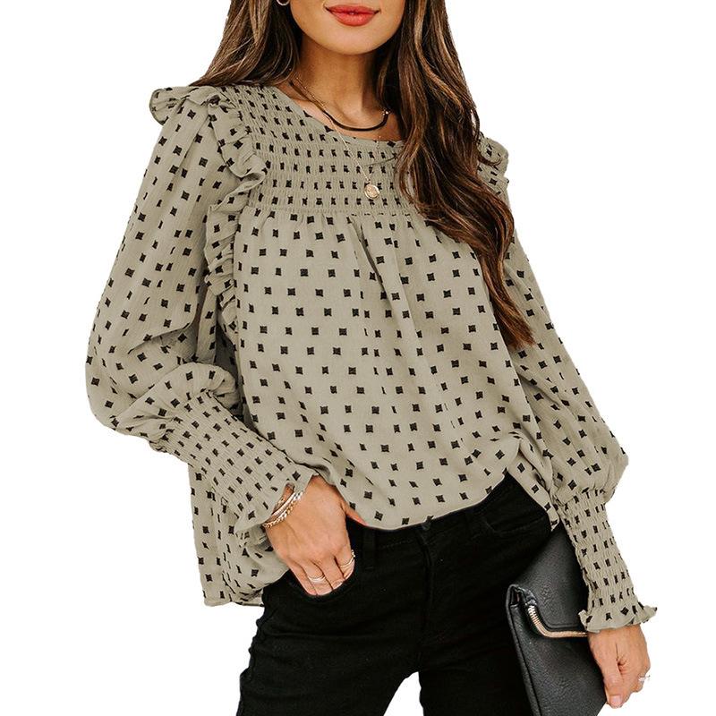 Autumn and Winter New Women's Ruffled Lantern Sleeve Polka Dot Chiffon Shirt Blouse Women