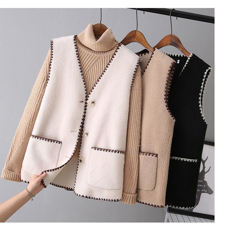 Vests New Spring Autumn Women Button Waistcoat Lamb Hair Winter Thermal Warm Thick Fleece Vests Sleeveless Jacket Ladies Coats