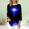 Women's Three Quarter Sleeve Round-Neck T-Shirt Loose Shirts Casual Colorful Cross Print Tee Tops