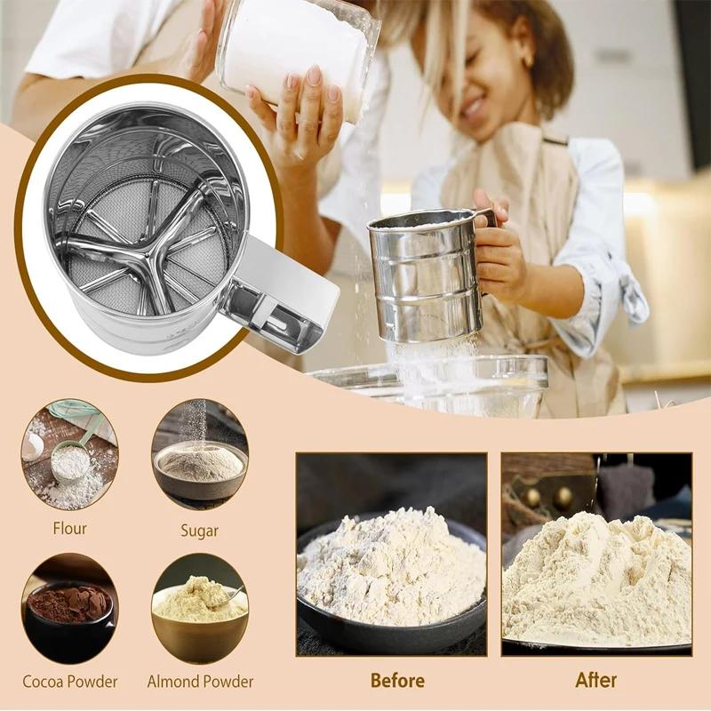Stainless Steel Flour Sifter Cup Manual Shaker Sieve Cup For Baking Coffee One Hand Press Flour Sifter With Scale Cake Tool