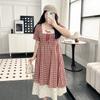 Plus size women clothing [Idyllic Dream] Chubby Girl Slimming Red Plaid Dress Lace Stitching Cherry Floral Dress