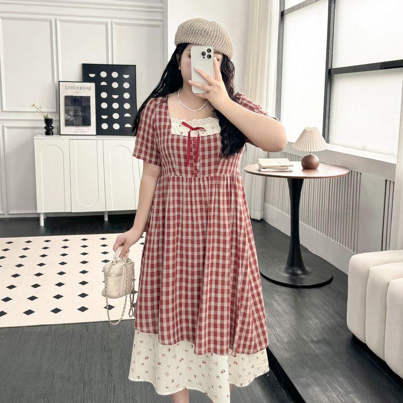 Plus size women clothing [Idyllic Dream] Chubby Girl Slimming Red Plaid Dress Lace Stitching Cherry Floral Dress